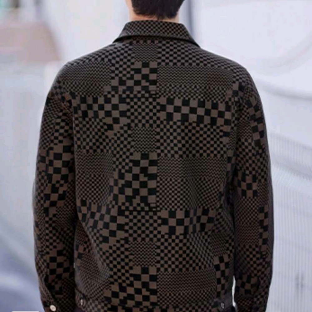 Men's Turn-Down Collar Checkerboard PU Leather Jacket, Business Style - Picture 2 of 5